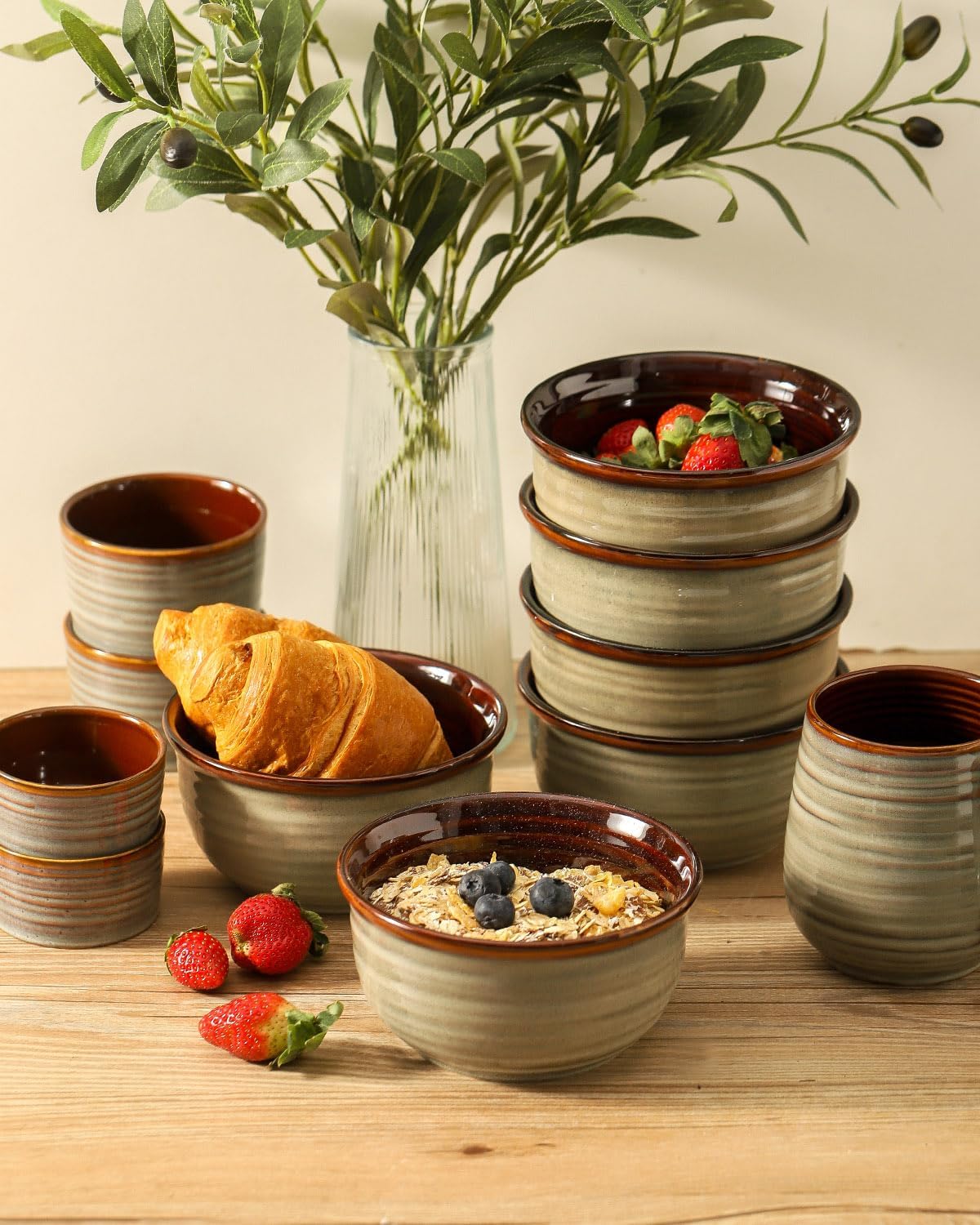 Hasense Ceramic Soup Bowls Set of 6, 20 Ounce Cereal Bowls for Serving,Oatmeal, Rice, Desserts, Salads, and Pasta, Serving Dishes for Entertaining, Microwave and Dishwasher Safe, Light Grey