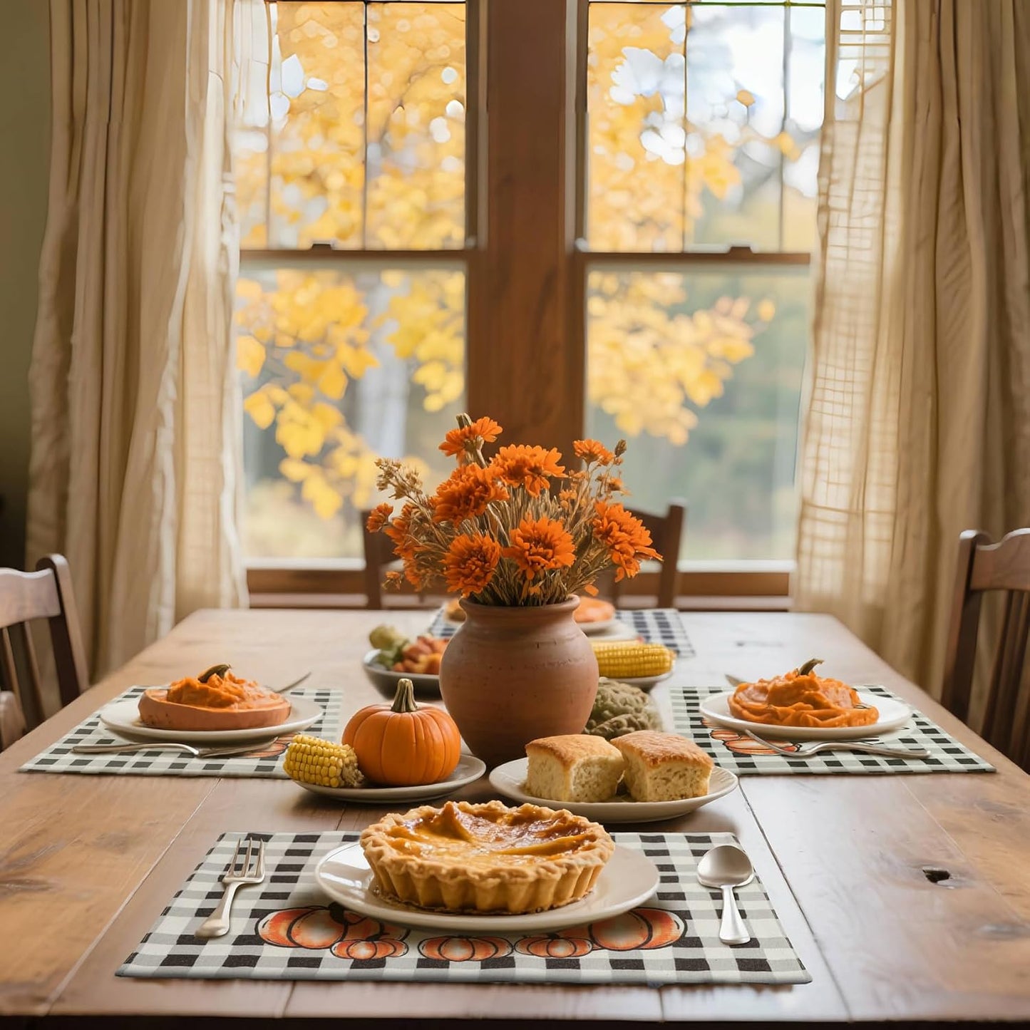 MANSPHIL Fall Gingham Placemats Set of 4 Thanksgiving Fabric Place Mats Autumn Harvest Table Decor - Farmhouse Table Mats for Dining Kitchen Washable Wrinkle Free 13x19 Inch Oeko Tex Placemat