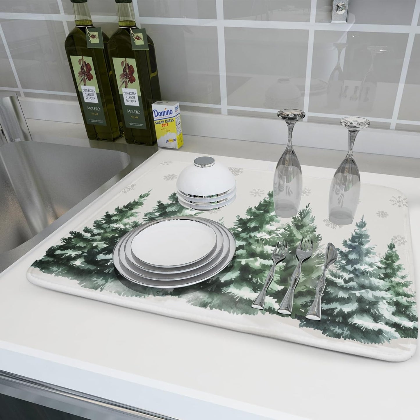 Christmas Dish Drying Mat 16x18 Inch Xmas Forest Tree Absorbent Dish Drainer Protector Pad Winter Holiday Microfiber Drying Mats Absorbent Reversible Dish Pad Kitchen Accessories for Countertop