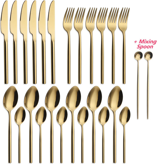 24 Piece Silverware Set For 6 Gold Heavy duty 18/10 Stainless Steel Flatware Set Modern Design Knife/Fork/Spoon Mirror Polished Dishwasher Safe Cutlery Set with Gifts