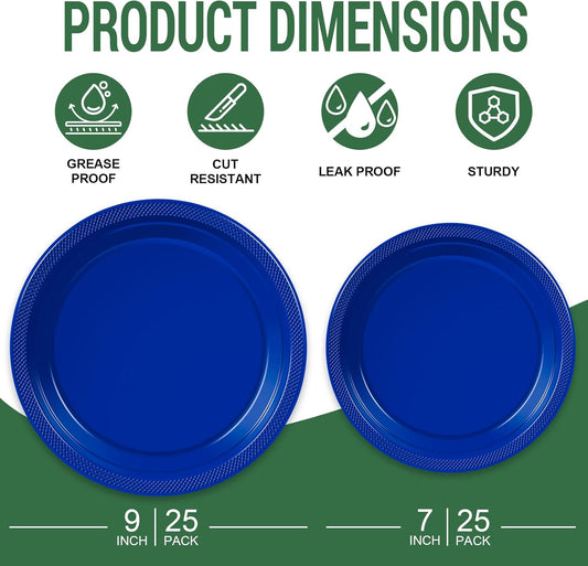 50 Royal Blue Plastic Plates For Party, Includes 25-9" & 25-7" Cake Dessert Plastic Dinner Plates Disposable For Party Supplies