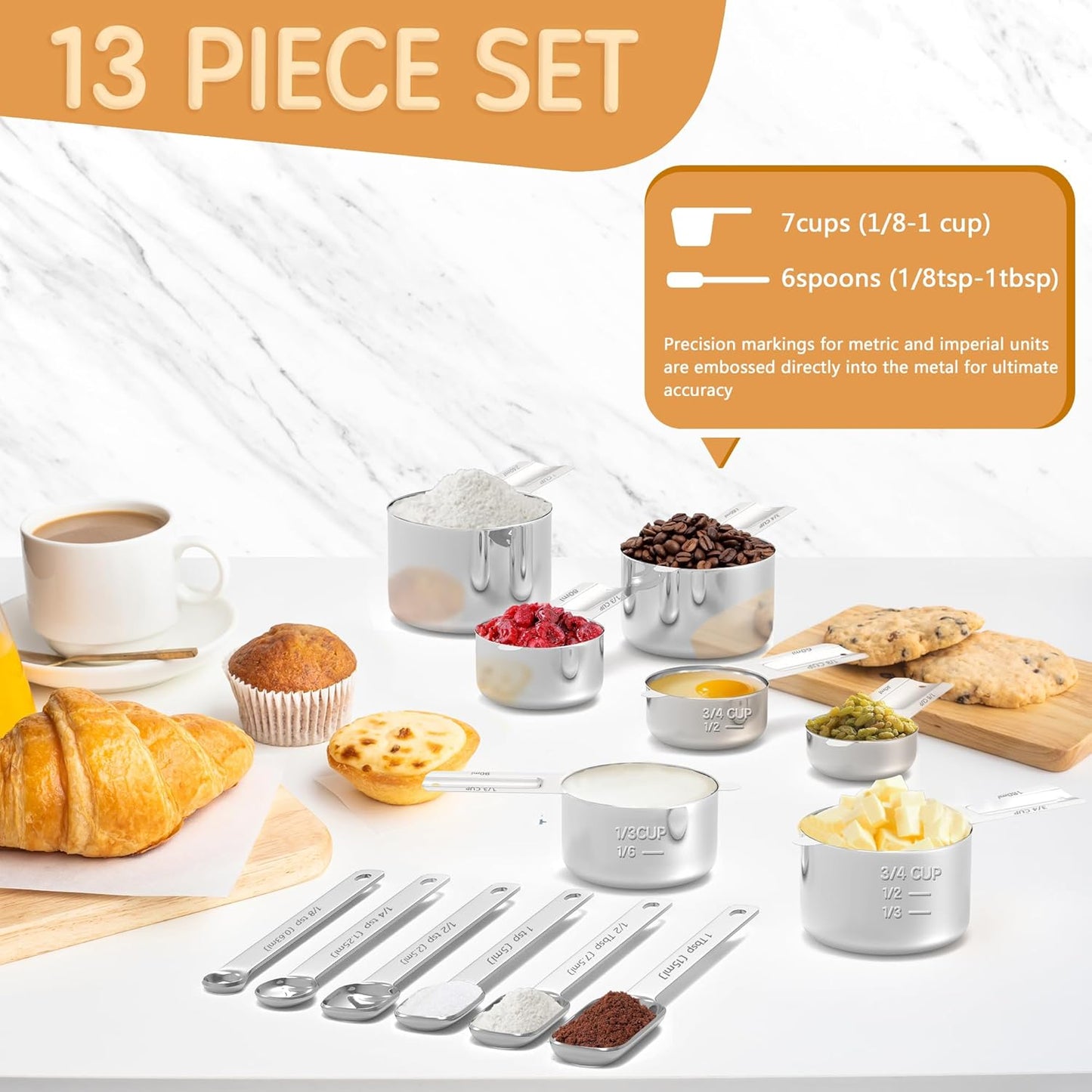 Stainless Steel Measuring Cups & Spoons Set for Cooking and Baking, Nesting Measuring Cups Measuring Spoons for Measuring Dry or Liquid Ingredients, Kitchen Gadgets, 13Pack