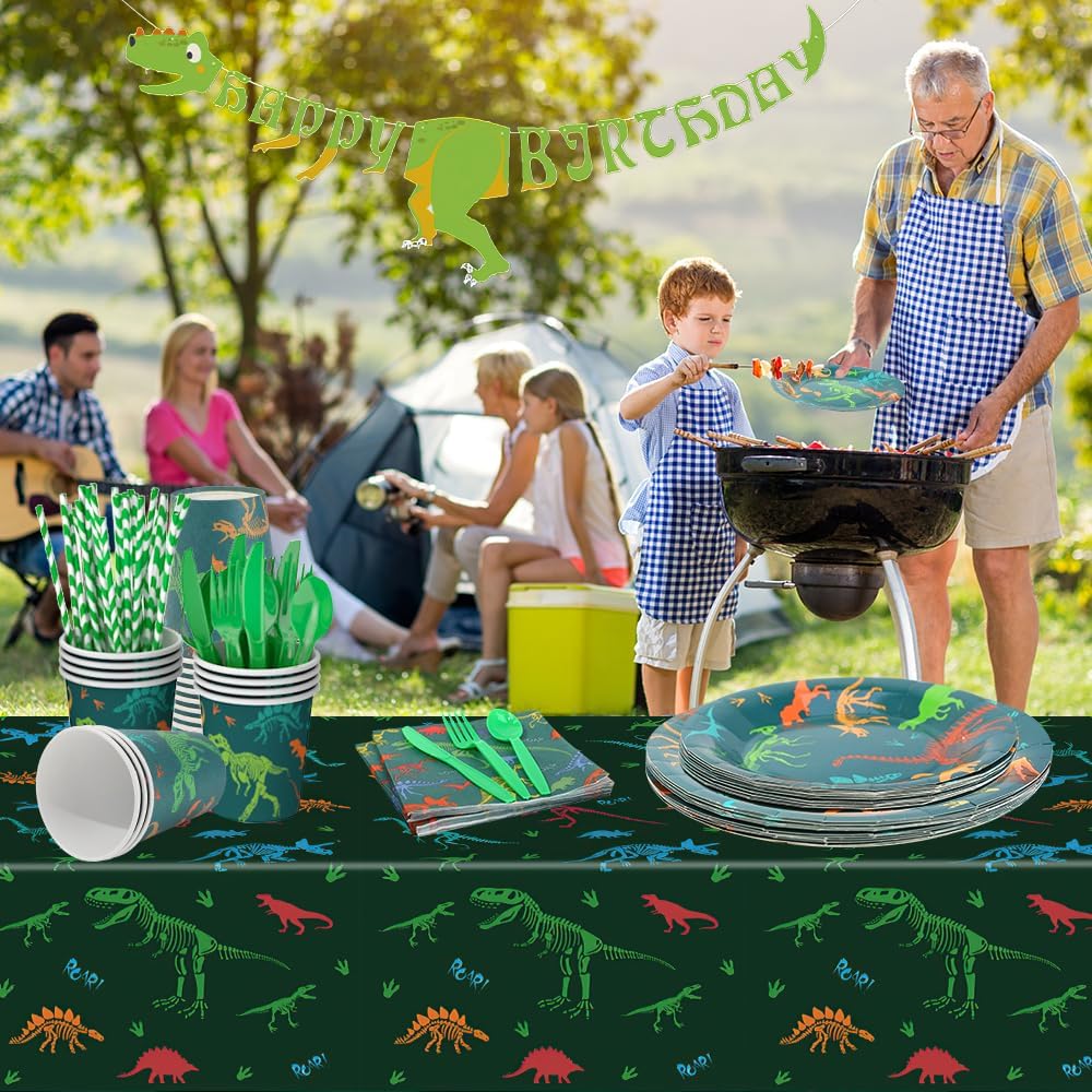 Dinosaur Plates and Napkins for Birthday Party Dino Tableware Set,Dinosaur Party Decorations Dino Plate Baby Shower,Disposable Dinosaurs Dinnerware Set with Tablecloth Cup Banner for Kids Boy Serve 24