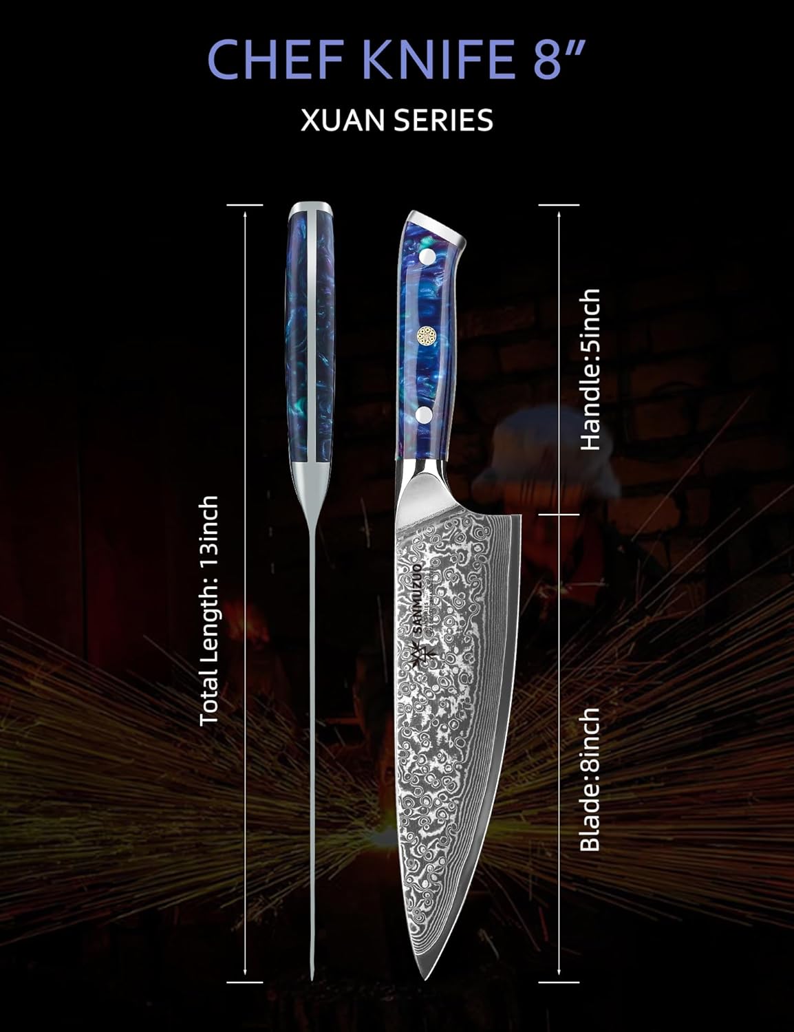 Chef Knife - 8 inch - Xuan Series - VG10 Damascus Steel Kitchen Knife - Resin Handle (Sapphire Blue)