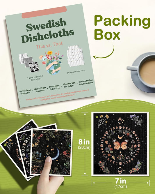 6 Pack Swedish Dishcloths for Kitchen - Reusable Dish Cloths for Washing Dishes Absorbent Cute Funny Kitchen Towels Cleaning Sponge, Moon Butterfly