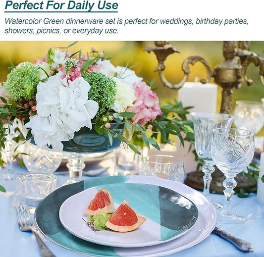 Melamine Plates and Bowls Set - 12pcs Dinnerware Dishes Set for 4, Dinner Plates for Indoor and Outdoor Use, Lightweight Break-resistant, Green & White