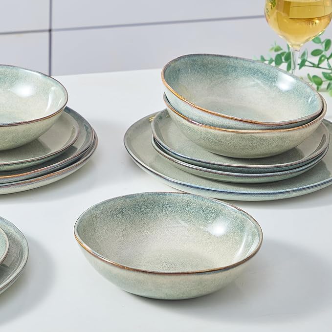 Bestone 12 Pieces Round Kitchen Dinnerware Sets,Plates and Bowls Sets,Dishes, Plates, Bowls, Dish Set, Chip Resistant Ceramic Dinnerware Set, Dishwasher/Microwave Safe,Service for 4,Sage green