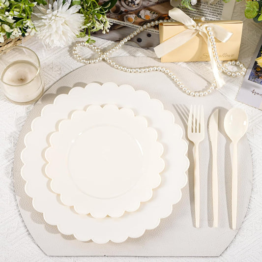 WONDERFUL 150 Pcs Ivory Plastic Plates for Party Disposable Heavy Duty Thanksgiving Plates Ivory Plastic Dinnerware Sets for 30 Guests - 60 Disposable Plate 90 Silverware Sets Scalloped Vintage Design