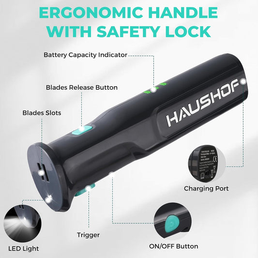 HAUSHOF Cordless Electric Knife Set for Meat Slicing, 8V Electric Carving Knife for Fish, Bread, Turkey, Rechargeable Meat Cutter with Reciprocating Stainless Steel Blades, Safety Lock & Storage Case