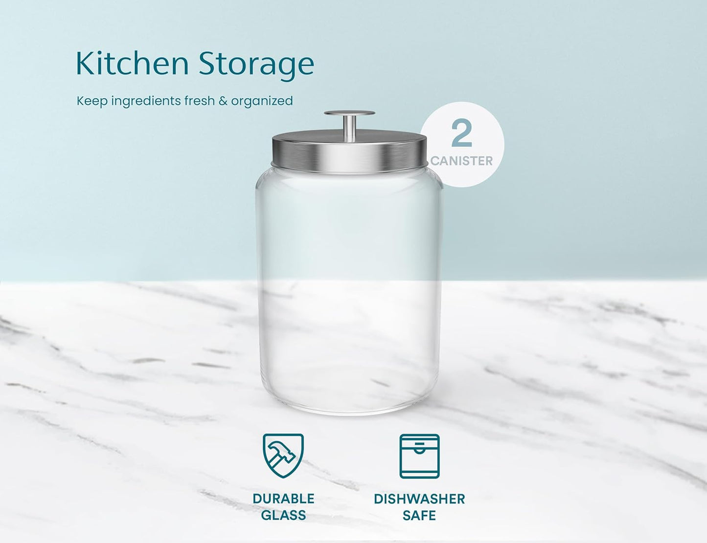 KooK Glass Storage Containers with Lids, 1 Gallon, Set of 2, Glass Canister, Laundry Jar, Kitchen Jar, Storage for Pantry, (3.7, Circular, Silver)