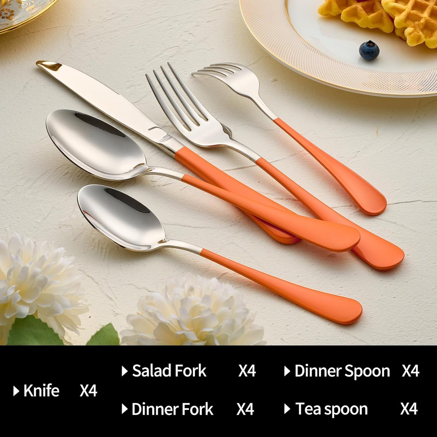 20-Pieces Orange Silverware Sets for 4,Orange Handle Stainless Steel Cutlery Set, Include Forks Spoons and Knives Set, Dishwasher Safe Utensil Sets for Home Restaurant