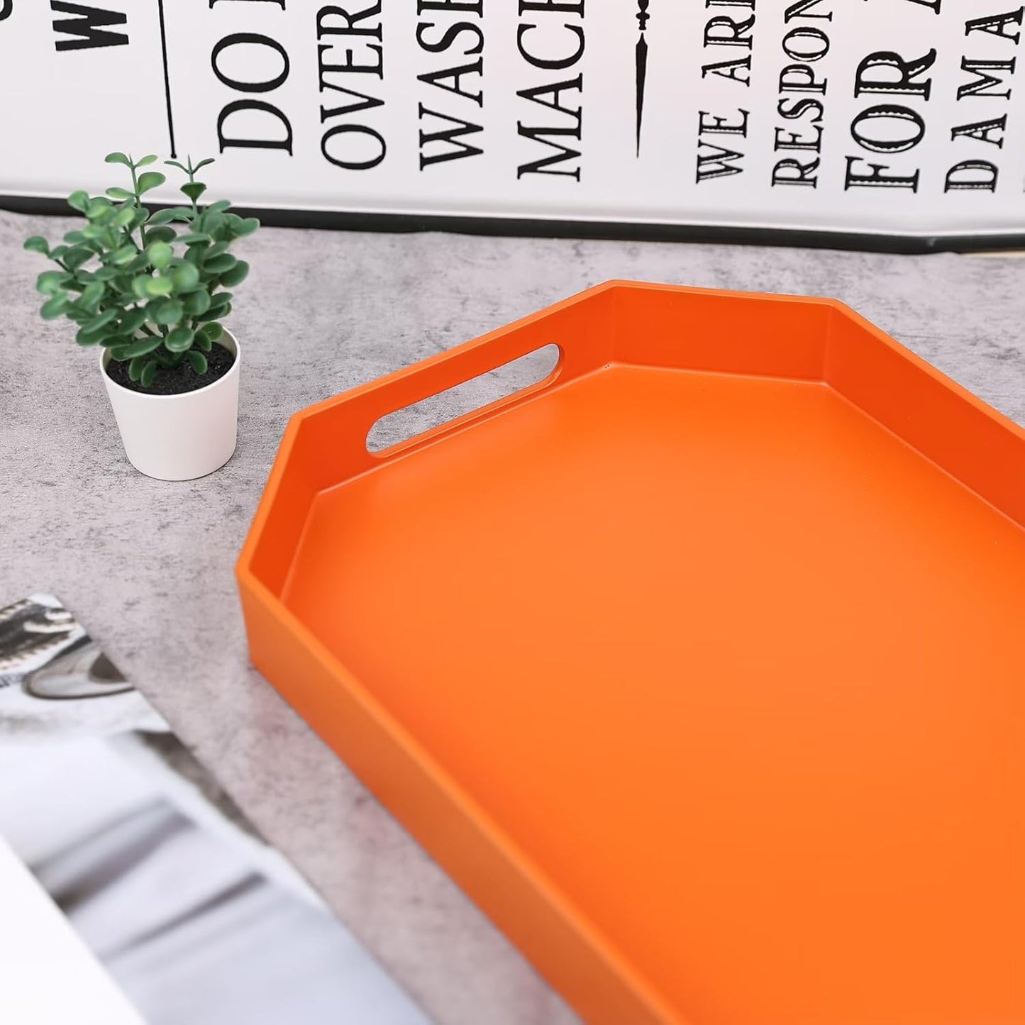 Orange Octagonal Serving Tray with Handles for Coffee Table, Plastic Decorative Tray for Ottoman, Kitchen Counter, Living Room, Outdoor Lacquer Tray for Entertaining