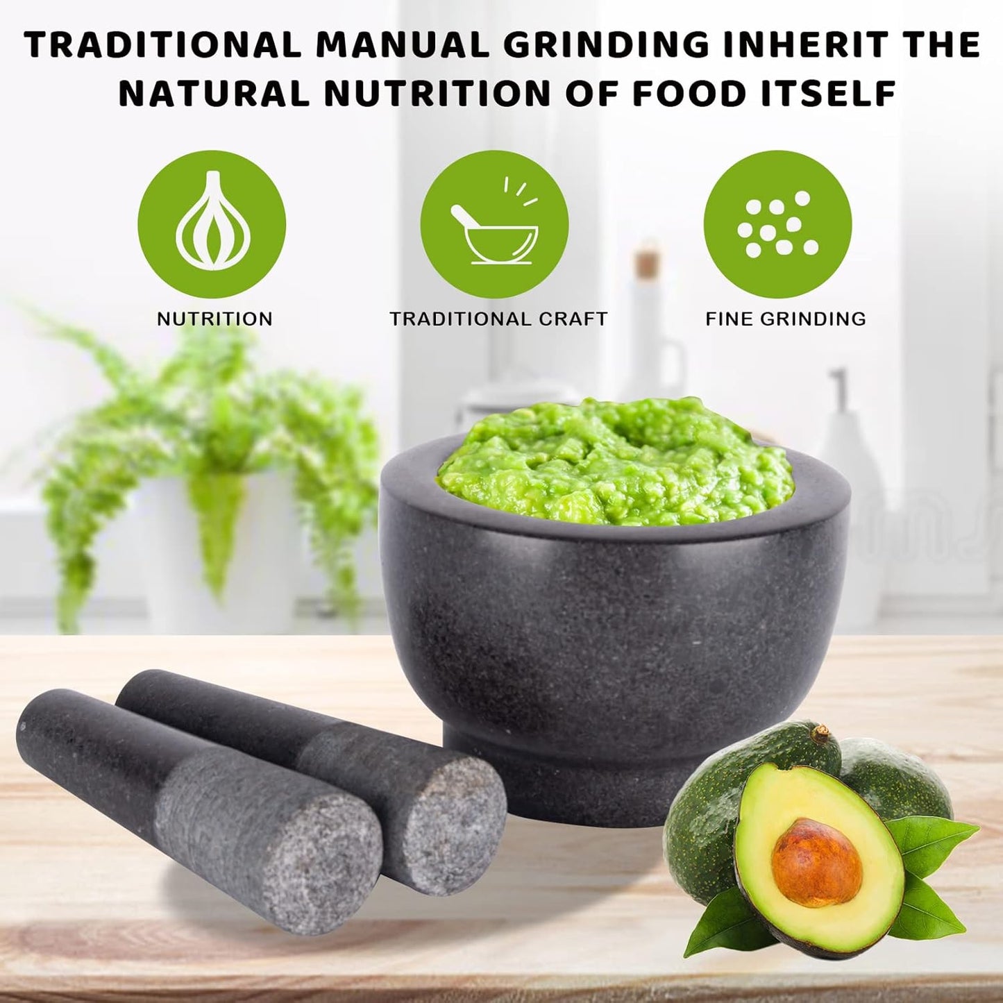 Mortar and Pestle Set,Heavy Duty,Unpolished Granite,6Inch-2Cup Capacity,Grinder for Spices and Seeds,Grinding,Crushing and Mashing Spices,Nuts,for Guacamole,Garlic Sauce,Black..