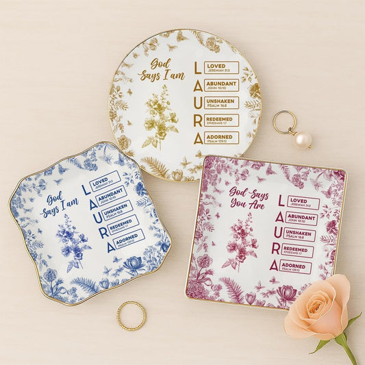 V-DECORPARKS God Says I Am Personalized Jewelry Dish – Name Letter Ceramic Tray with Toile de Jouy Style – Christian Gifts for Women, Religious Faith Gift, Inspirational Custom Storage Dish