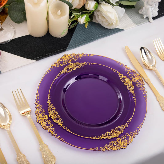 102PCS Purple and Gold Plastic Plates - High End Purple Disposable Plate - Vintage Party Dinner & Dessert Plates for 51 Guests Wedding & Halloween Party