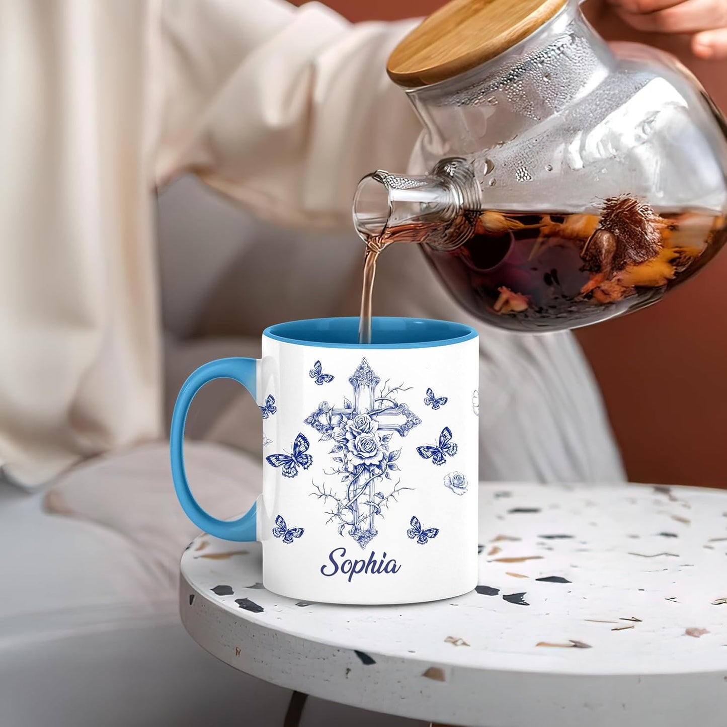 Hyturtle Personalized Blue Floral Christian Mug - Christian Gifts For Women - Religious Gifts For Her On Birthday - Bible Verse Present On Mother Day - Custom Coffee Cup Ceramic Mug 11 Oz 15 Oz