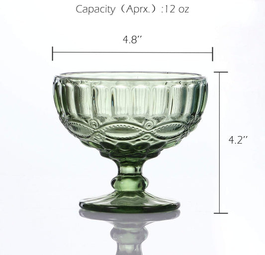 VanEnjoy Green Vintage Pressed Pattern Glass Ice Cream Cups/Dessert Bowls - Set of 4,12 Oz