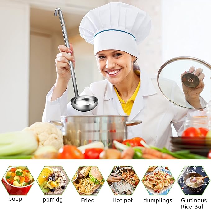 meekoo 3 Pieces Stainless Steel Ladle Soup Handle Ladle with Pouring Rim for Kitchen Cooking Soup Sauce(10 oz)