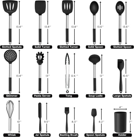 Onader Kitchen Utensils Set, 15 Pcs Silicone Cooking Utensils Set with Holder and Heat Resistant Stainless Steel Handle for Nonstick Cookware - Black