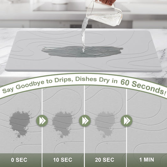 Large Stone Drying Mat for Kitchen Counter, 24" × 16" Diatomite Dish Drying Mat, Quick Dry Stone Mats, Ultra Absorbent Natural Diatomaceous Earth Mats for Dished, Bottles, Light Grey