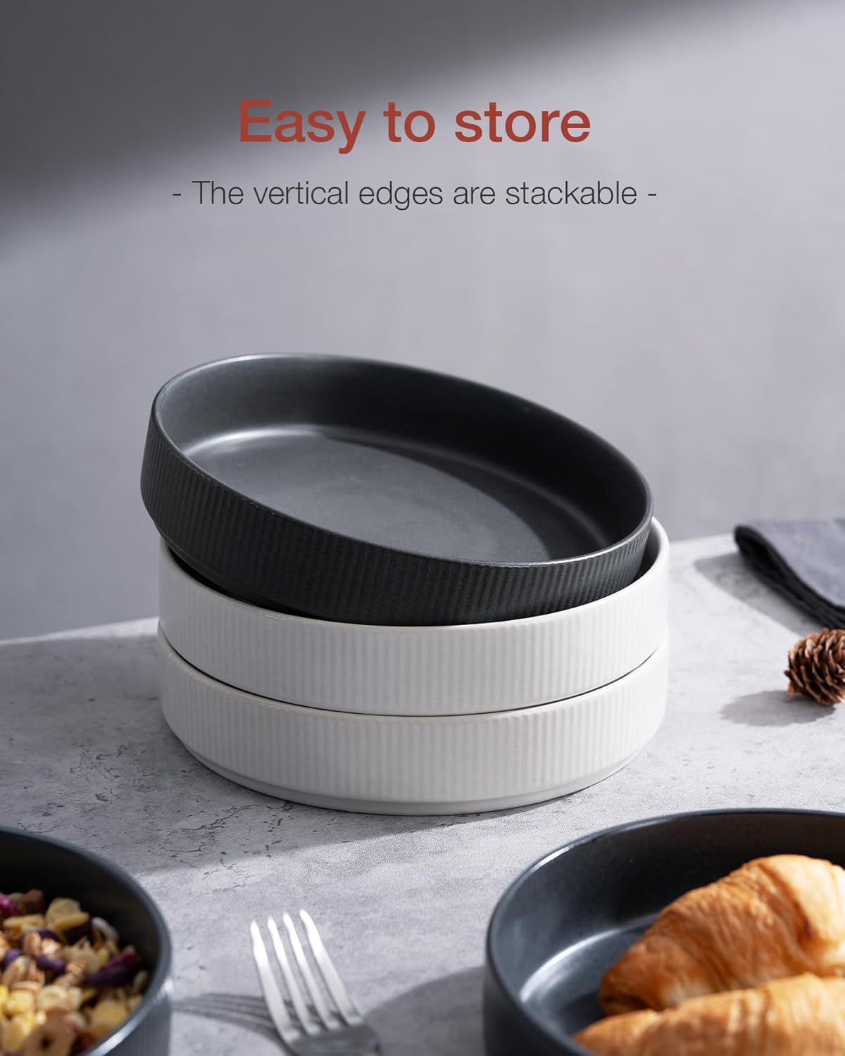 famiware Star 7.5" Pasta Bowls Set, Salad Bowl Set of 4, Double Reactive Glaze, Stackable, Perfect for Your Friend for Housewarming, Thanksgiving, Christmas, Dark Charcoal & White Full Glaze Matte