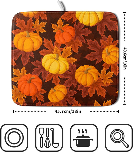 Fall Dish Drying Mats for Kitchen Counter 16×18 Inch Autumn Pumpkin Leaves Festival Holiday Small Microfiber Drying Mat Kitchen Accessories Dish Rack Mat Drainer Pad Washable Absorbent