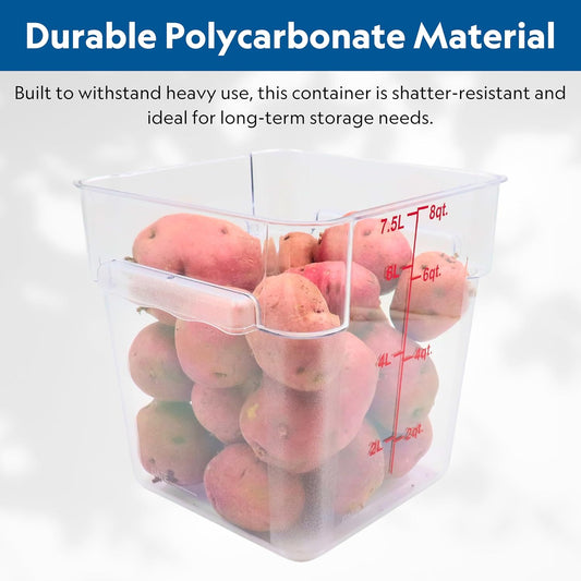 FSE Square Food Storage Container with Red Lid, 8 Quart, Polycarbonate, Reusable, Clear, NSF