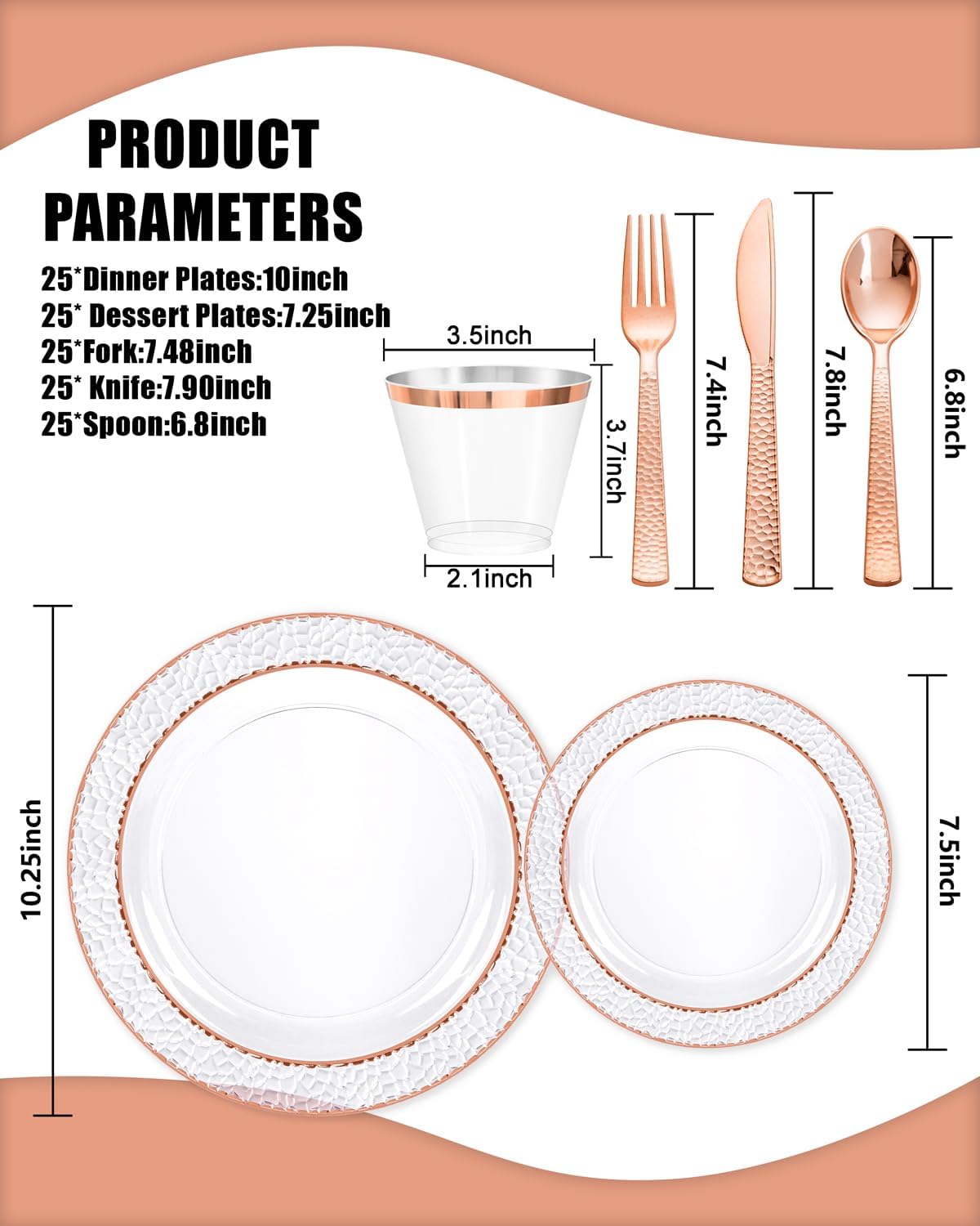 Ciaell 350PCS Rose Gold Plastic Plates - Clear Rose Gold Disposable Plates with Plastic Silverware include 100Plates, 150Silverware, 50Cups, 50Napkins for Wedding & Party & Baby Shower