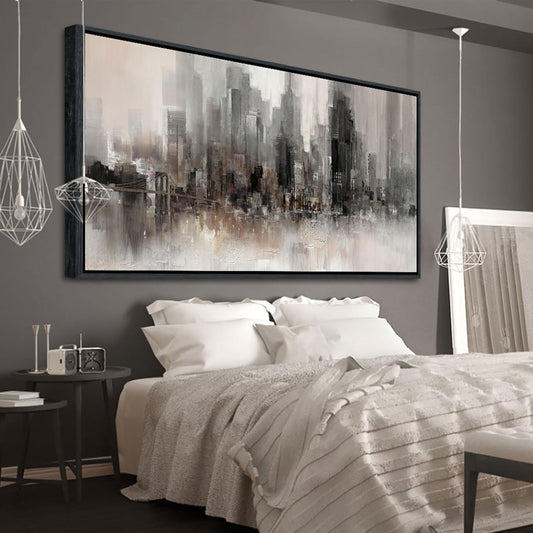 Nyc Skyline Painting Wall Art Grey Buildings Picture for Living Room Modern Home Bedroom Decoration Black and White and Brown Framed Artwork Decor