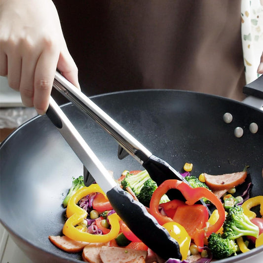 NileHome Tongs for Cooking, Professional Stainless Steel Cooking Tongs – Heat-Resistant for Grilling, BBQ, Serving Salad, Pasta, and Kitchen Use, Dishwasher Safe, Set of 9" 12", Black