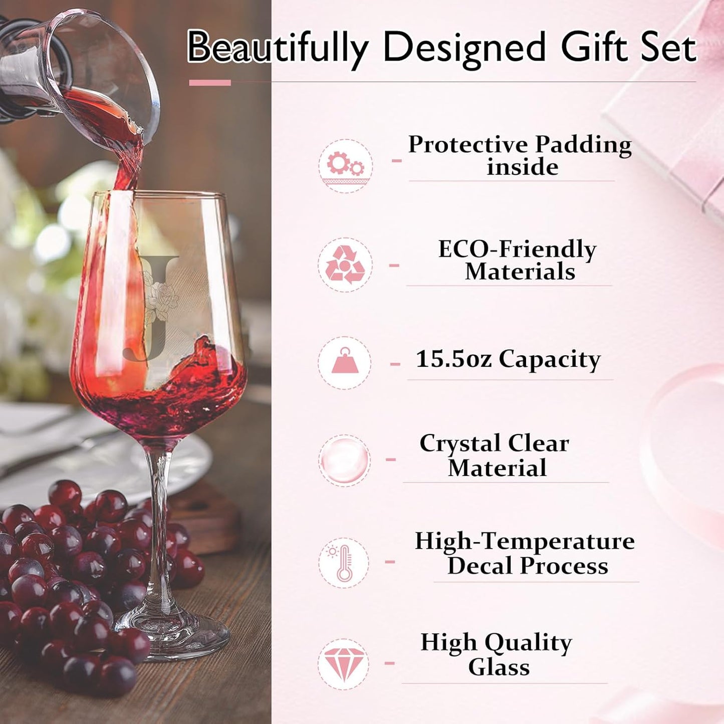 Personalized Wine Glass Gifts for Women, Monogrammed A-Z Wine Glass with Gift Box & Greeting Card, Customized Wine Glasses Initial Wine Glasses Gift for Birthday, Mothers Day, Best Friend, Sister (J)