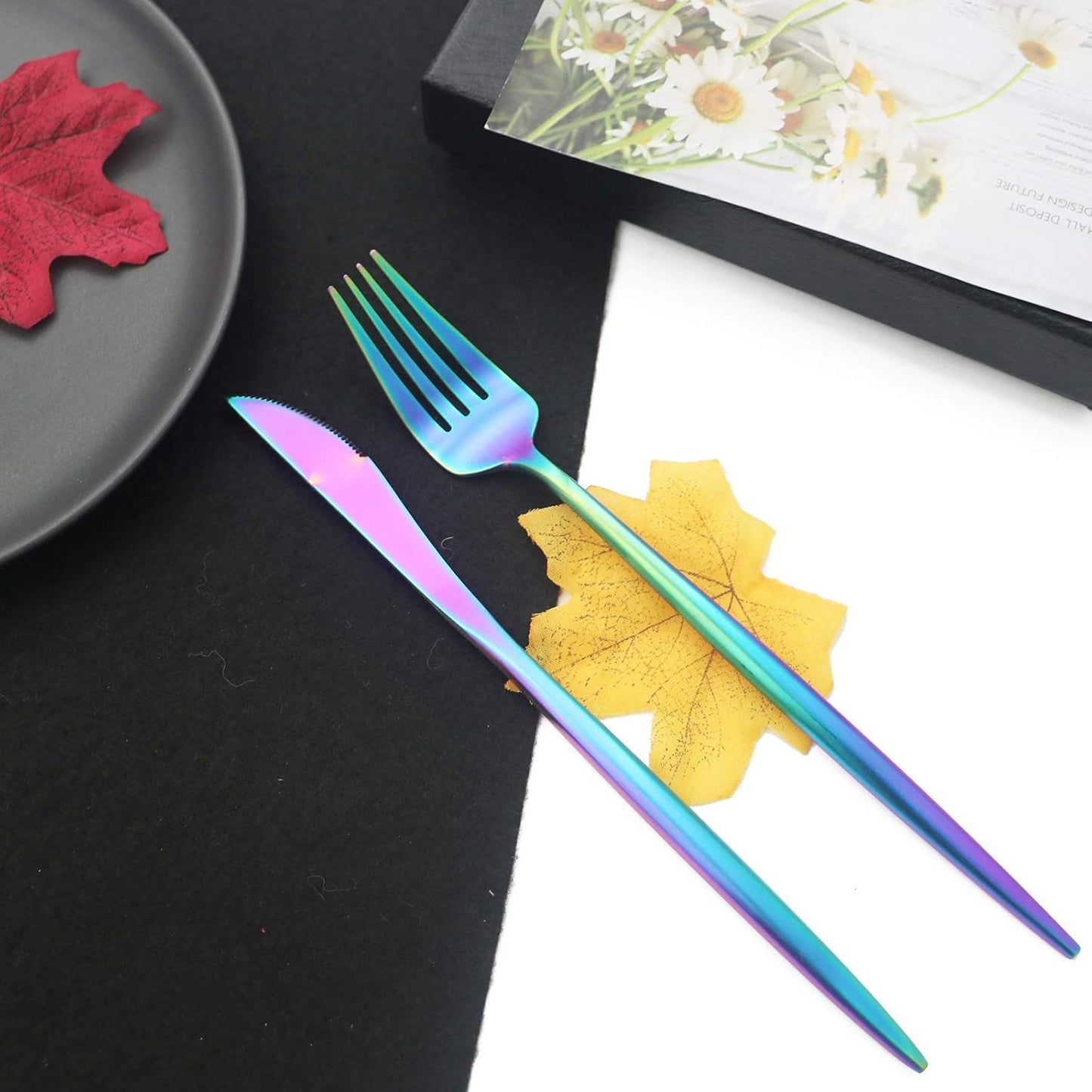 JASHII Luxury 18/10 Rainbow Flatware Set - 304 Stainless Steel Colorful Cutlery - 5-Piece Adaline Royal Modern Satin Finish for Birthday, Wedding (Matte)