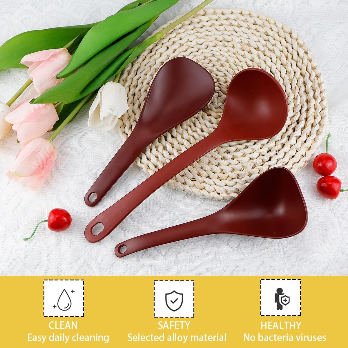 DOERDO 3Pcs Rice Paddle Spoon Non Stick Soup Spoon Hea-Resistant Cooking spoon for Rice Soup Potato, Red