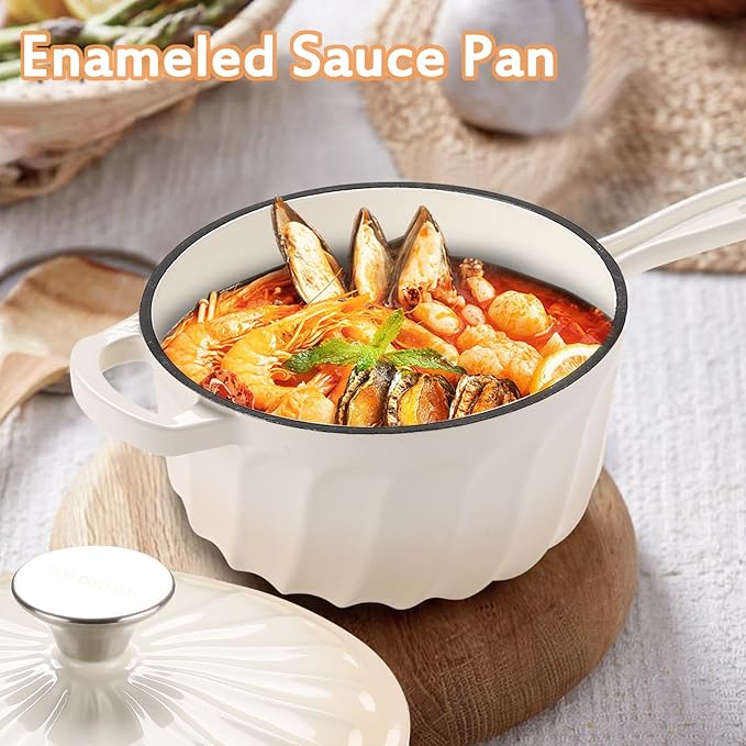 Enameled Cast Iron Sauce Pan, 2 Quart Enameled Saucepan with Lid, Mini Dutch Oven Enamel Saucepan for Cooking Pasta Sauce, Gravy, Puddings, Marinate, Boiling (Gradient Caramel)