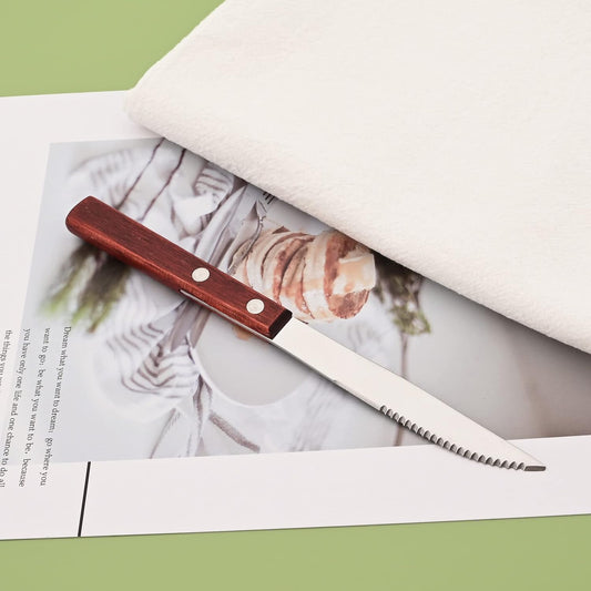 Dinner Knives Set of 8, Steak Knife with Wooden Handle, Stainless Steel Serrated Steak Knives, Flatware Cutlery Table Knife, Thick-Grip Wood Handle Steak Knife Set - 8.15 Inch