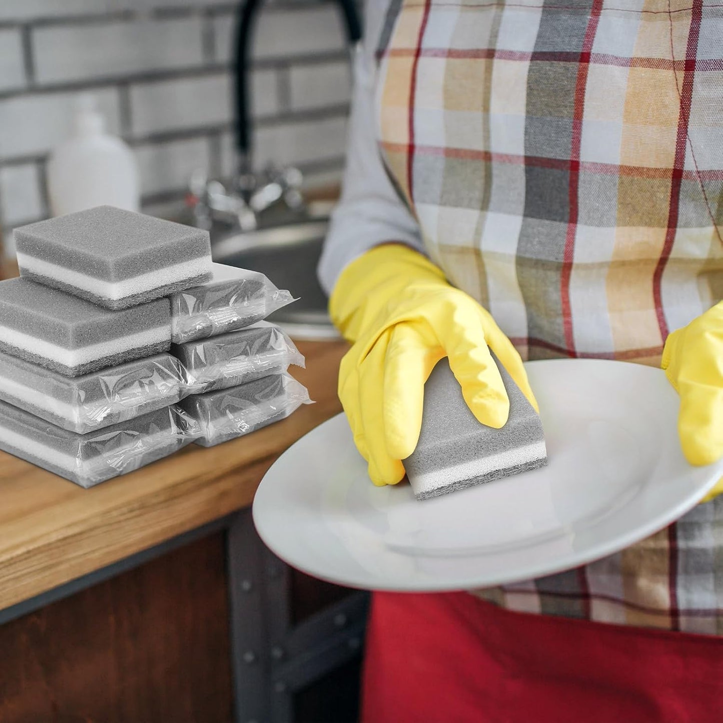 50 Pcs Individually Wrapped Sponges, Uncompressed Non Scratch Scrouing Sponges for Household Cleaning Dishes Kitchen Airbnb Apartment Car Bike Gray