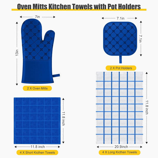 Oven Mitts Kitchen Towels Dishcloths with Pot Holders Sets, Dish Towels Sets, Oven Gloves Pot Pads Heat Resistant 500 Degrees with Non-Slip Silicone Surface for Cooking Baking Grilling-Royal Blue