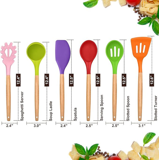 Cooking Utensils Set of 6, E-far Silicone Kitchen Utensils with Wooden Handle, Non-stick Cookware Friendly, Includes Spatula/Ladle/Slotted Turner/Serving Spoon/Spaghetti Server(Multi-colored)