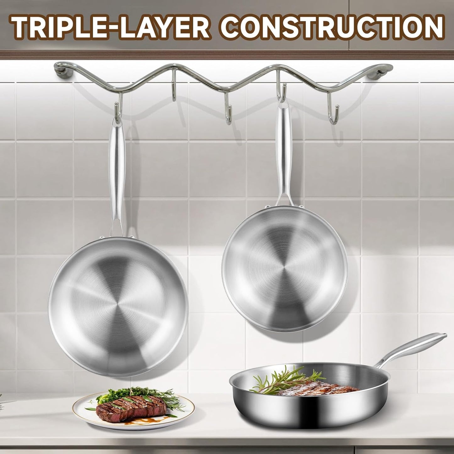 GOLDEN KEY 12 Inch Tri-Ply Stainless Steel Frying Pan, Stainless Steel Pans with Lid,Stainless Steel Skillet Induction All Cooktops, PFOA/PTFE Free Skillet,Health&Safety,Heavy Duty&Fast & Even Heat