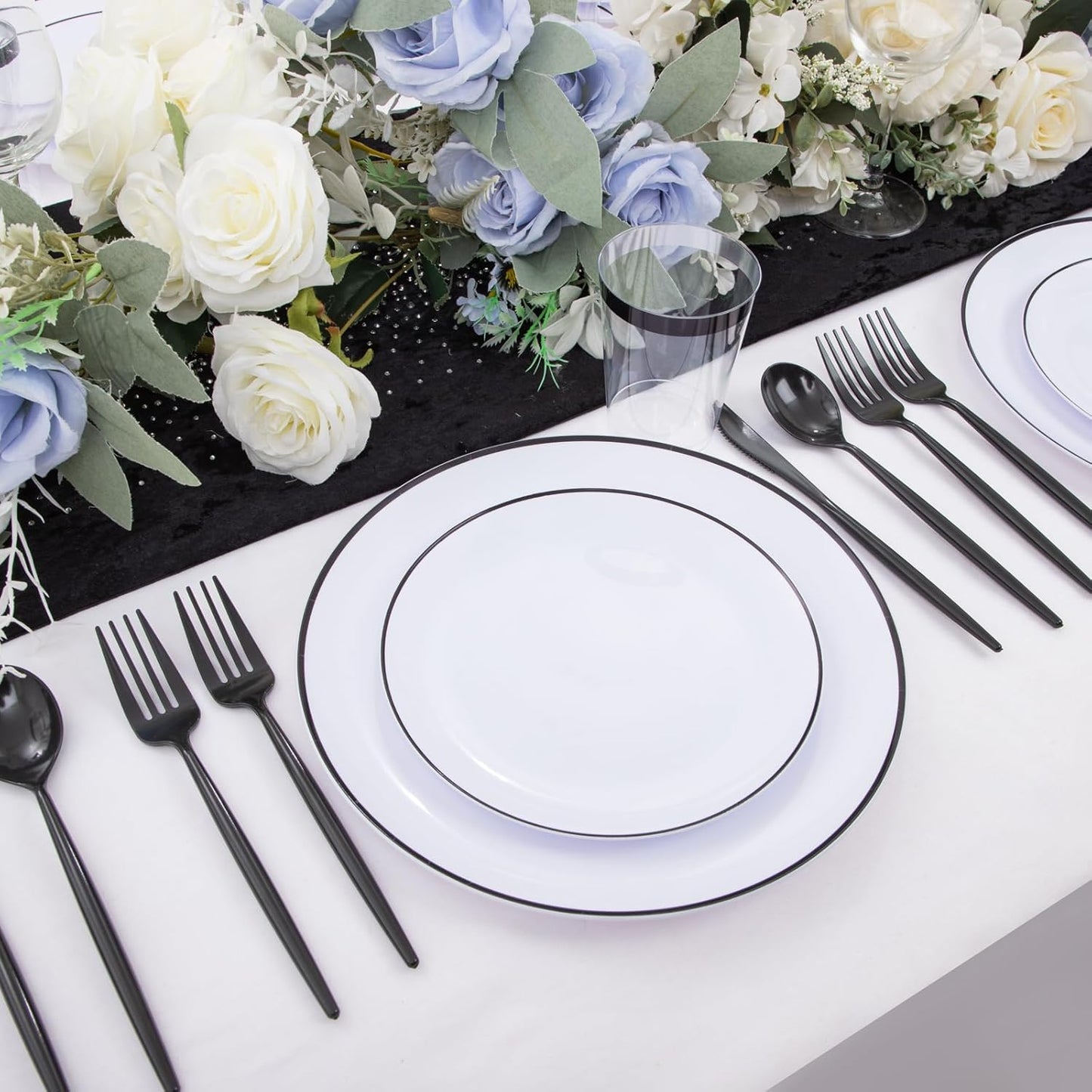 EI 180pcs White Plastic Dinnerware Set Include Black Disposable Silverware,Dinner and Dessert Plates,Cups,White Plastic Plates with Black Rim Perfect for Wedding,Birthday,Halloween,Partys,Service 30.