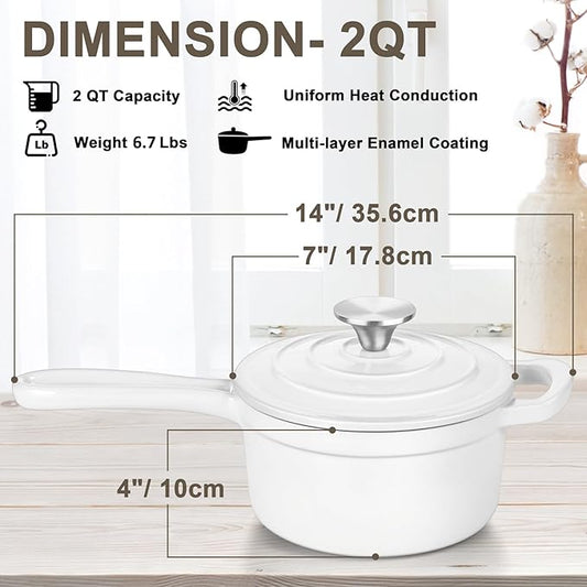 Enameled Cast Iron Sauce Pan with Lid, Leonyo 2 Quart Saucepan with Lid, Heavy Duty Cast Iron Pot Dutch Oven Kitchen Cookware for All Cooktops Making Pasta, Milk, Egg- Up to 500°F & 6.7Lbs, White