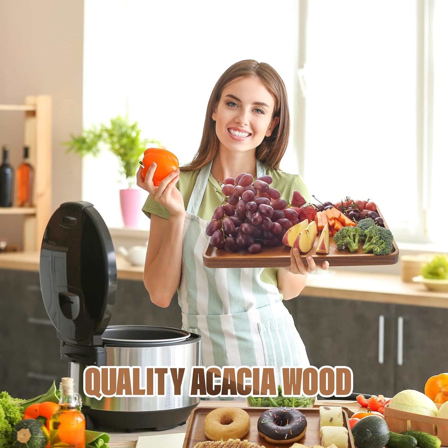 16" x12" Large Solid Acacia Wood Serving Tray Rectangular Wooden Serving Platter Natural Wooden Board for Bar Coffee Party