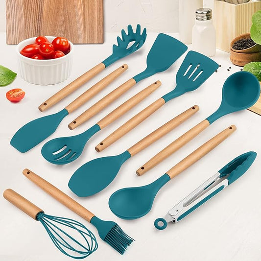 Kitchen Utensils Set of 12, E-far Silicone Cooking Utensils with Holder, Non-stick Cookware Friendly & Heat Resistant, Includes Spatula Tong Whisk Ladle Brush Slotted Turner Spoon(Teal Blue)