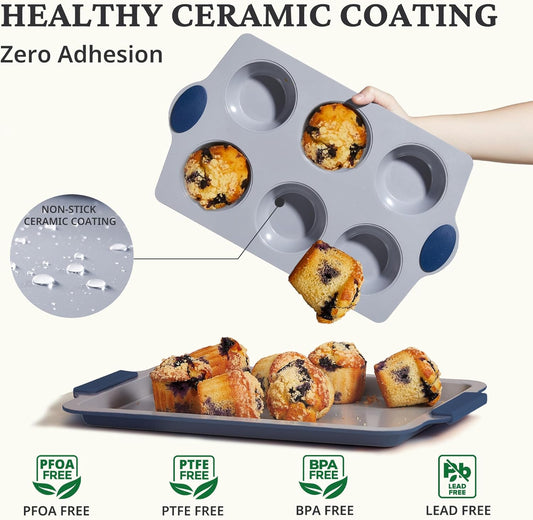 BRONYPRO 2-Pack Jumbo Ceramic Muffin Pans, 6-Cup Nonstick Aluminized Steel Cupcake Pans, Healthy Non-Toxic Ceramic Coating Muffin tin, Oven Safe to 500°F, Blue