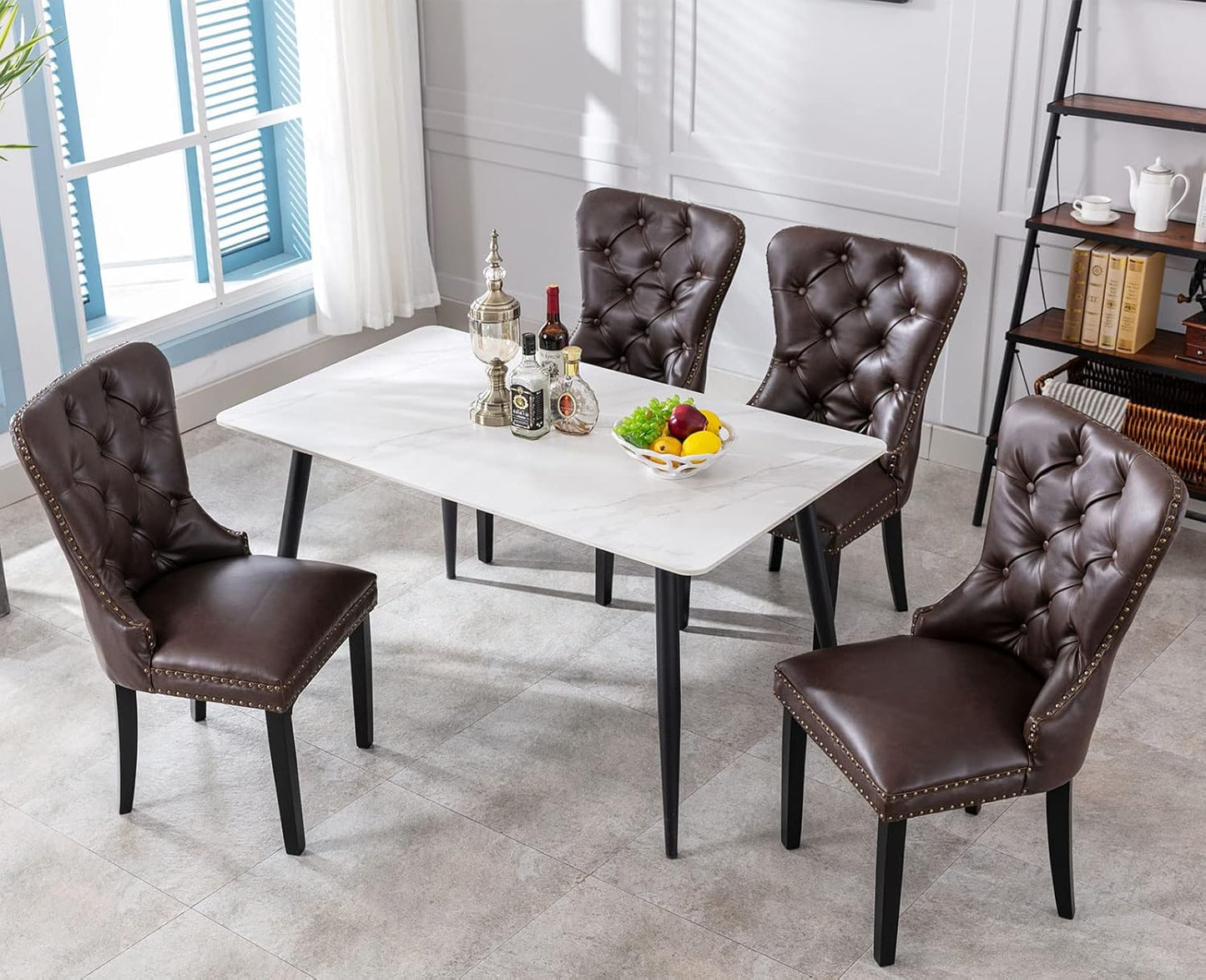 PU Leather Dining Chairs Set of 2 Mid Century Modern Tufted Chairs Armless Rubber Wood Vintage Chairs Upholstered Nailhead Side Chair for Kitchen/Cafe Decor Furniture, Coffee with Pull Ring