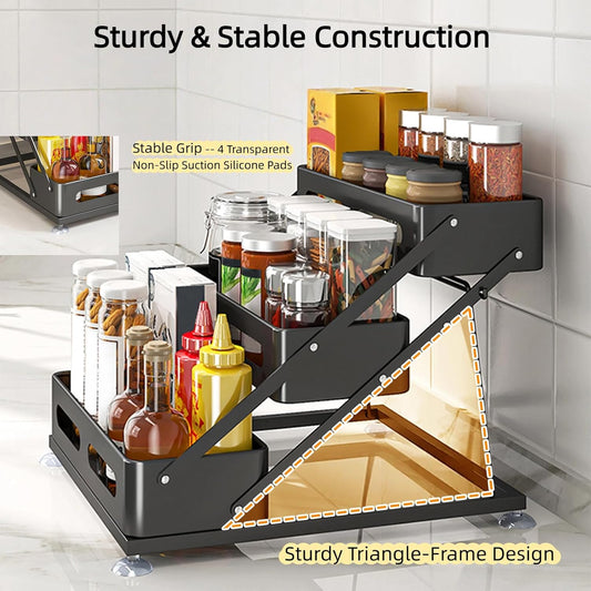 Bokelai Spice Rack 3 Tier Foldable Seasoning Organizer Jars Storage Holder Step Shelf for Cabinet Kitchen Countertop Pantry Coffee Bar Black