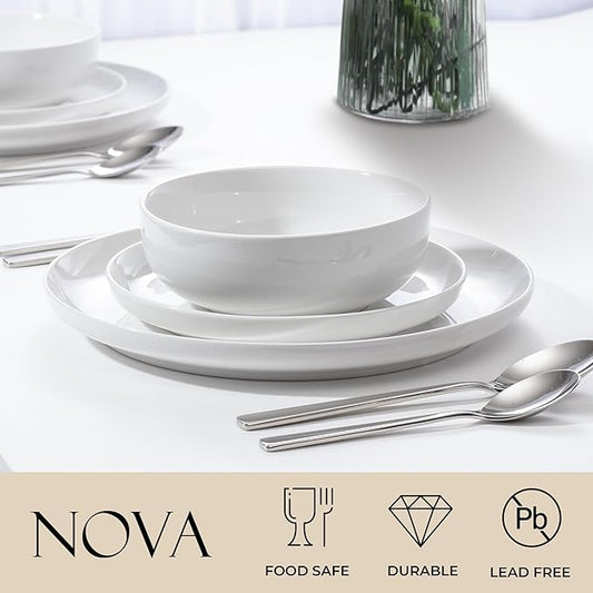Zulay Kitchen Nova Porcelain Dinnerware Set, Service For 4 - Chip & Scratch Resistant White Plates And Bowls Sets - Microwave & Dishwasher Safe - White