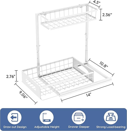 Under Sink Organizer and Storage, Height Adjustable Cabinet Organizer with Slide Out Drawer, Pull Out Under Sink Storage, Multi-Purpose 2 Tier Sink Shelves for Kitchen Bathroom Pantry (White, 1 Pack)