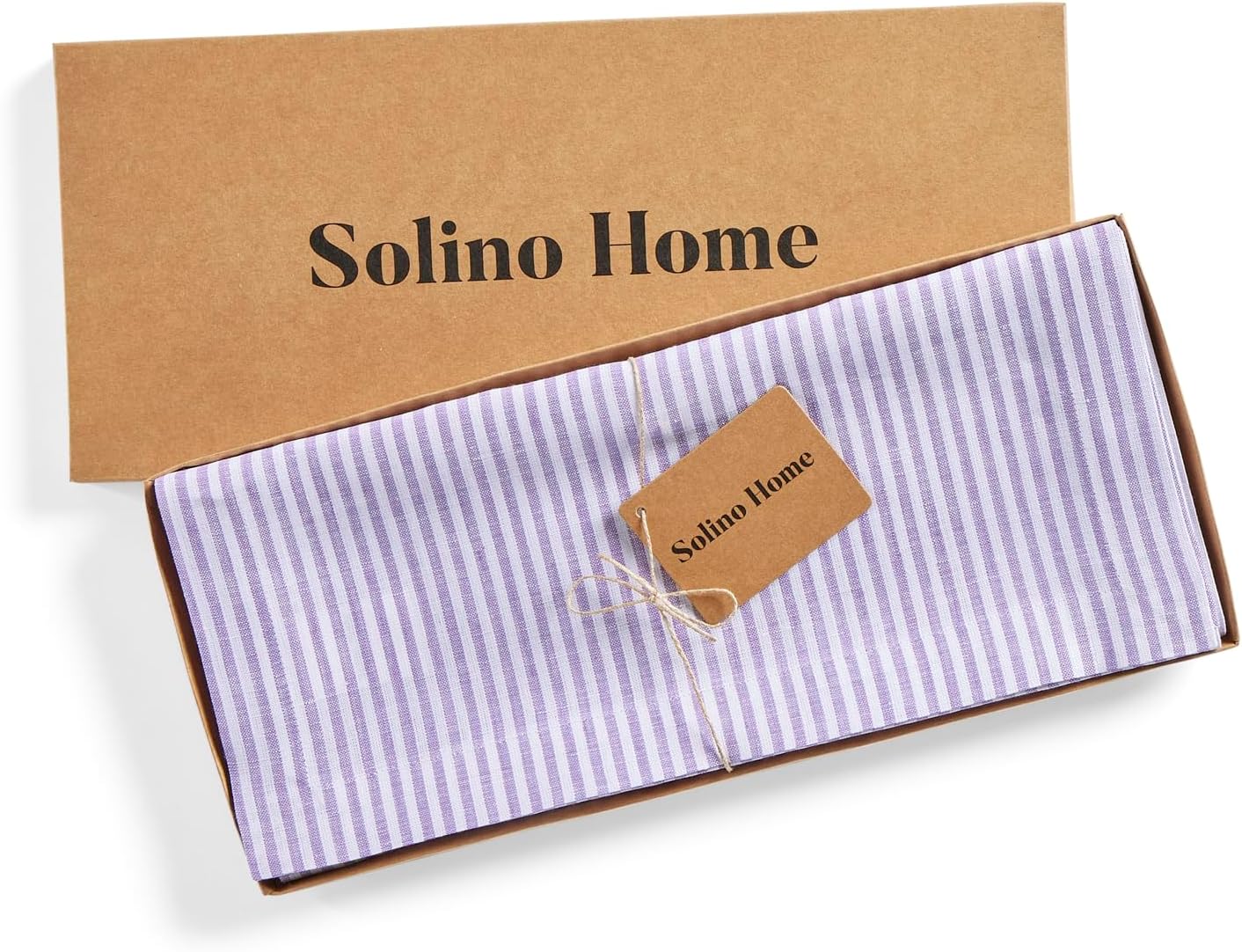 Solino Home Linen Table Runner 72 Inches Long - Narrow Stripe, 100% Pure Linen Lavender and White Table Runner 14 x 72 Inch for Dining, Dresser, Fall, Autumn, Halloween, Thanksgiving, Christmas