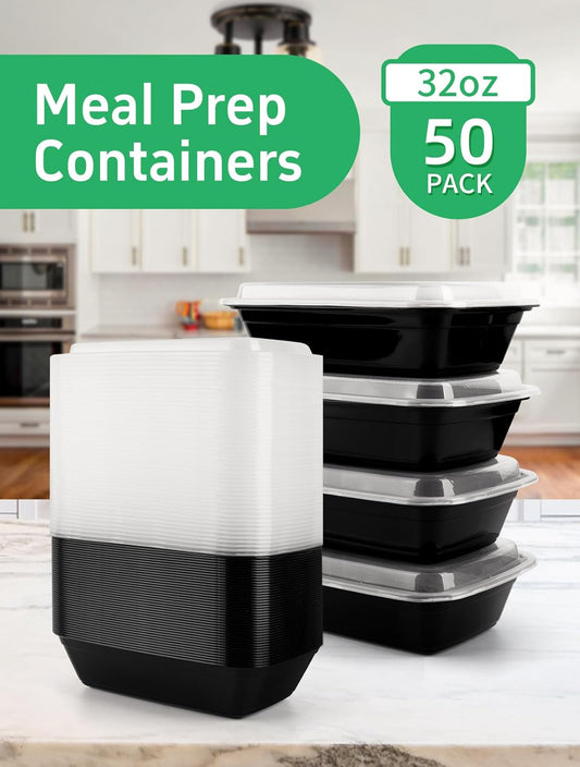 50 Pack Meal Prep Containers 32 oz – Reusable Plastic Food Storage with Lids, Leakproof, BPA-Free, Microwave Freezer Dishwasher Safe, To-Go Takeout Containers